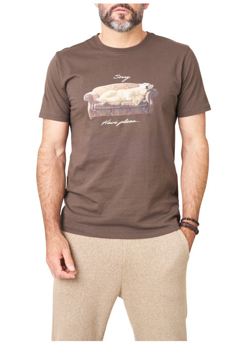 T-shirt en coton chocolat imprimé avec une coupe droite et un col rond