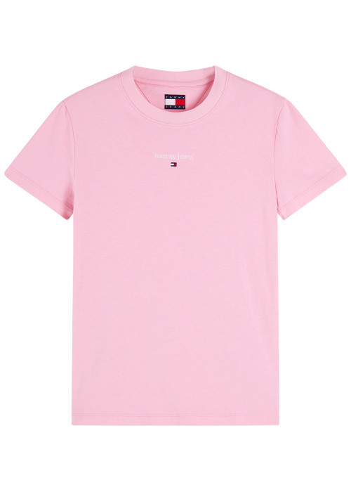 T-shirt en coton mélangé rose à coupe droite pourvu d'un col rond