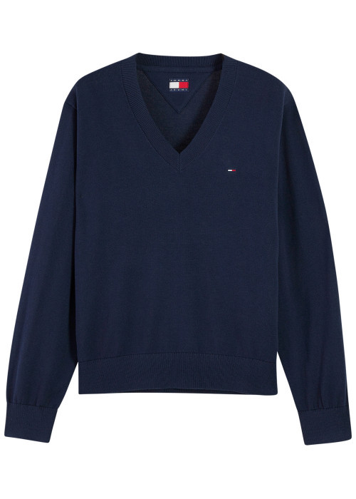 Pull en coton biologique marine à coupe droite pourvu d'un col v
