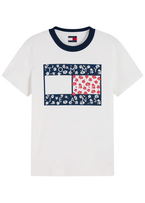 T-shirt en coton biologique blanc et marine à...