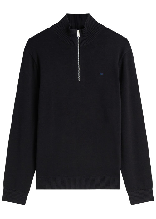 Pull en coton biologique noir à coupe droite pourvu d'un col camionneur