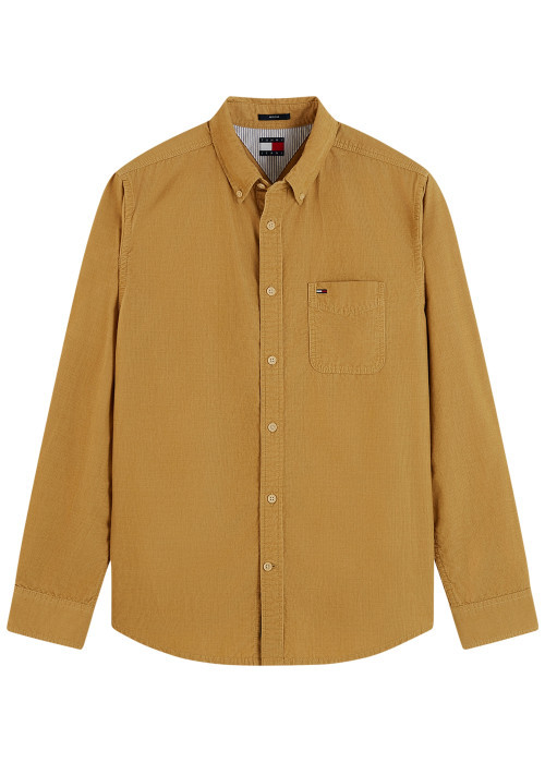 Chemise en coton biologique moutarde à coupe droite pourvue d'un col à revers