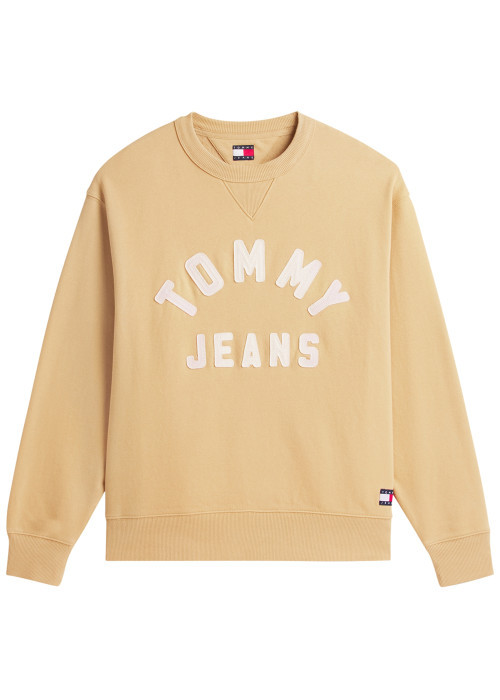 Sweat en coton mélangé beige à coupe droite pourvu d'un col rond