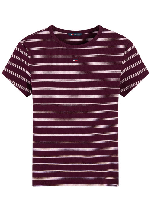 T-shirt en coton bordeaux à rayures pourvu d'un col rond uni