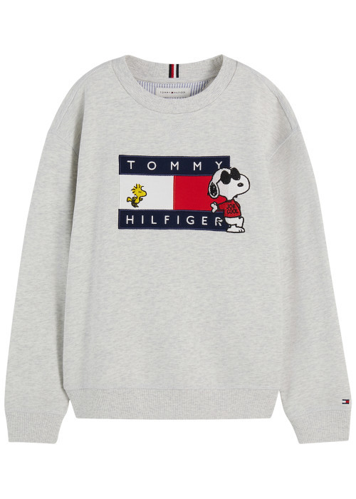 Sweat gris en coton agrémenté du drapeau logotypé et de Snoopy