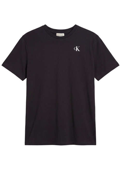 T-shirt en coton noir à coupe droite pourvu d'un col rond en bord-côte
