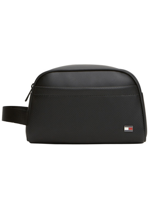 Trousse de toilette noire à revêtement lisse et perforé ornée d'une poignée