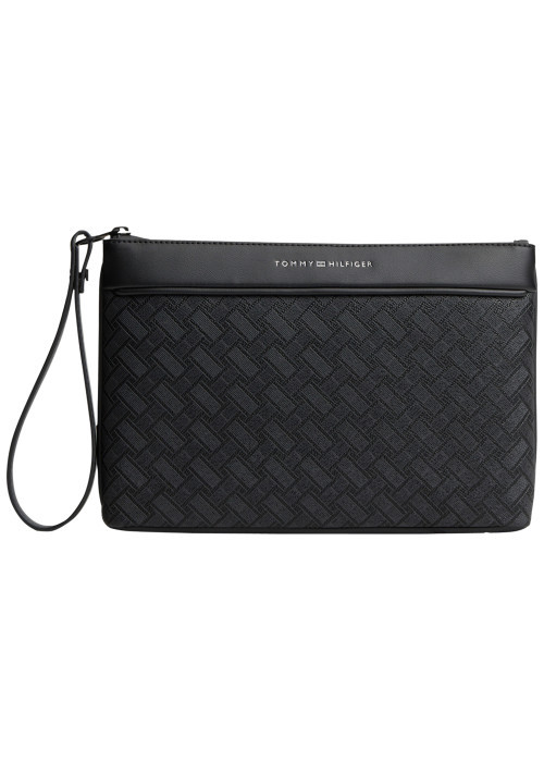 Sacoche noire à monogramme texturé en damier tissé pourvue d'une dragonne