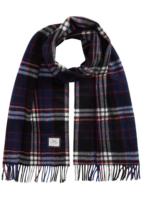 Écharpe à carreaux en laine bleu marine et noire ornée de franges