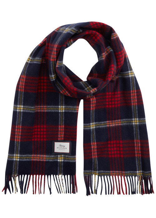 Écharpe à carreaux en laine bleu marine et rouge ornée de franges