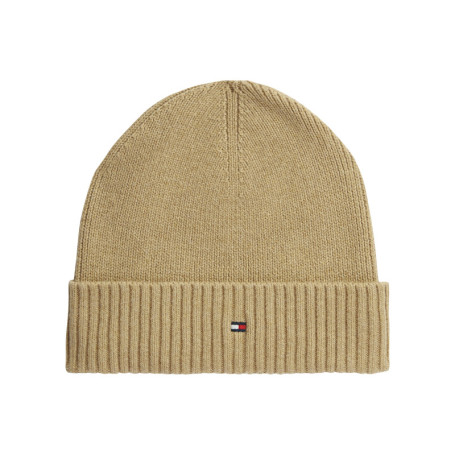 Bonnet beige en maille de coton côtelée orné du...