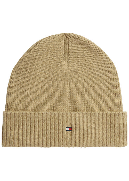 Bonnet beige en maille de coton côtelée orné du logo sur la face avant