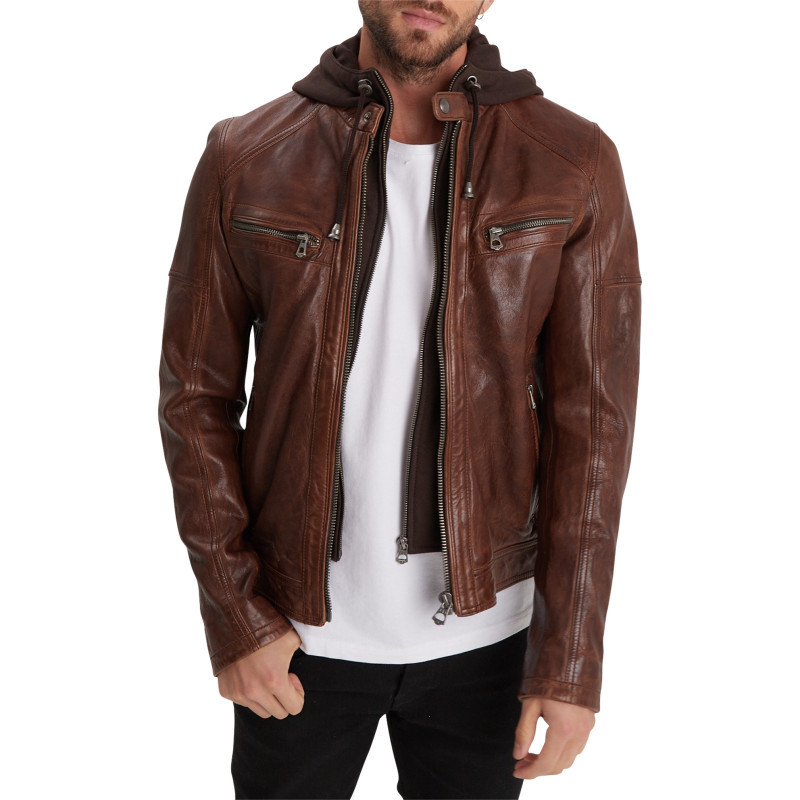 Daytona 73 - Blouson Camel En Cuir Avec Une Coupe Droite, Un Col à Capuche Style Motard - Camel