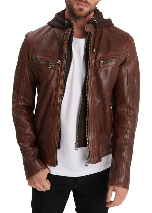 Blouson camel en cuir avec une coupe droite, un col à capuche style motard