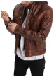 Thumbnail Blouson camel en cuir avec une coupe droite, un col à capuche style motard - Image 2