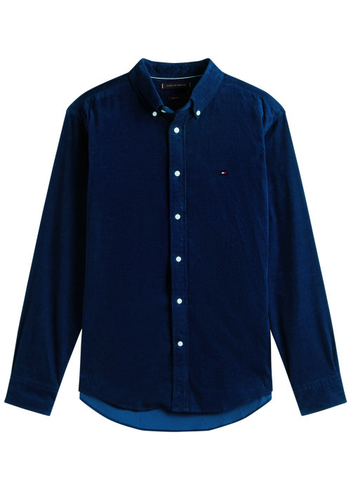 Chemise en coton marine unie pourvue d'un col à rabats boutonné
