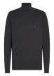 Thumbnail Pull col roulé en coton anthracite uni avec une coupe droite et un logo brodé
