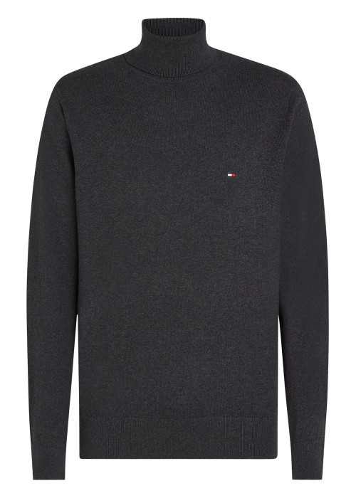 Pull col roulé en coton anthracite uni avec une coupe droite et un logo brodé