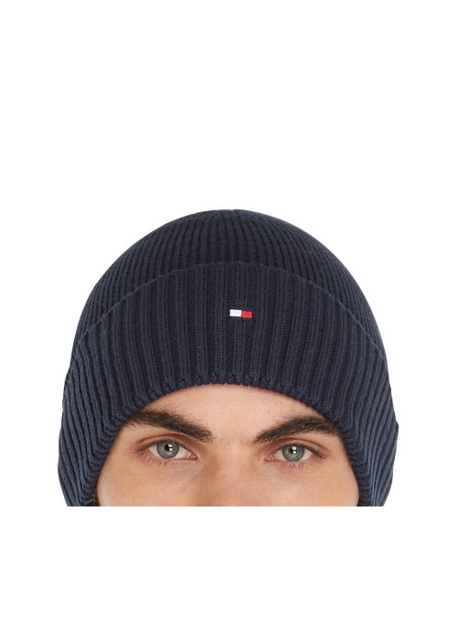 Bonnet en coton marine uni et côtelé avec un col à revers et un logo brodé