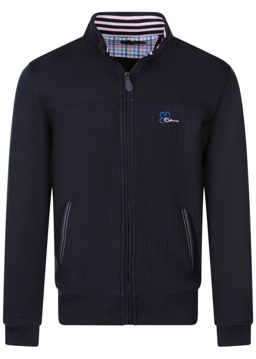 Sweat zippé bleu marine côtelé avec un col montant et des poches