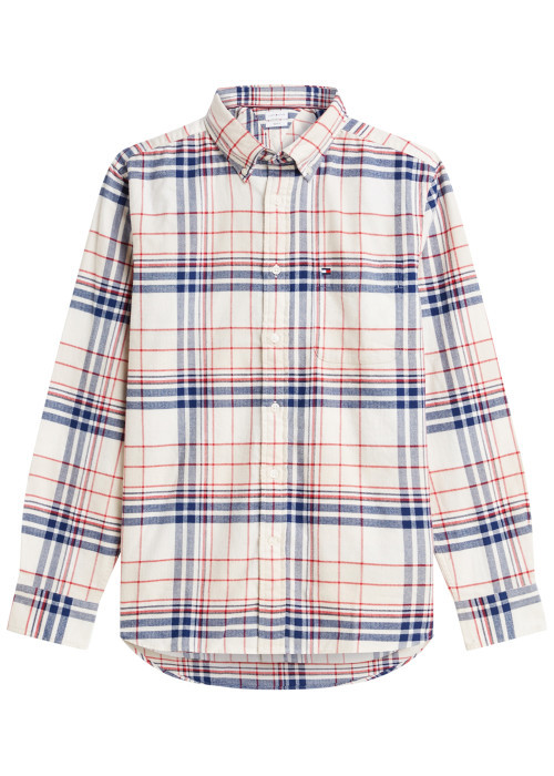 Chemise en coton bleue et écrue à coupe droite pourvue d'un col à revers