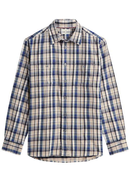 Chemise en coton bleue et écrue à coupe droite...