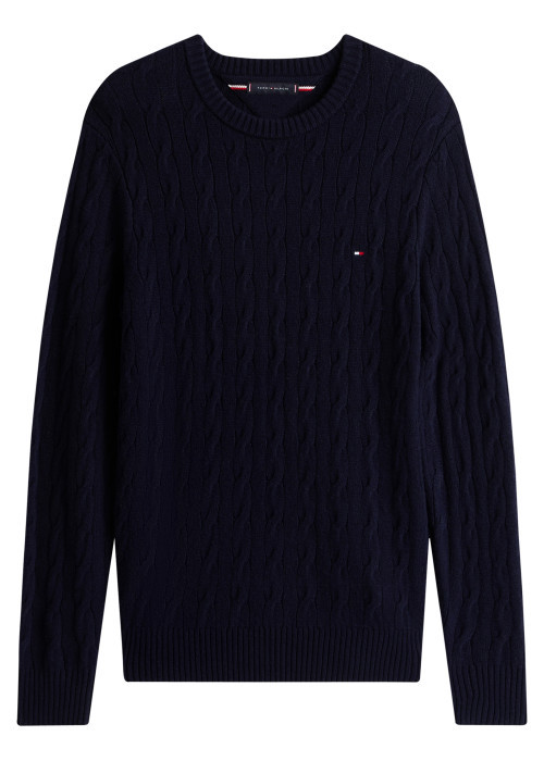 Pull en laine marine à coupe droite pourvu d'un col rond côtelé