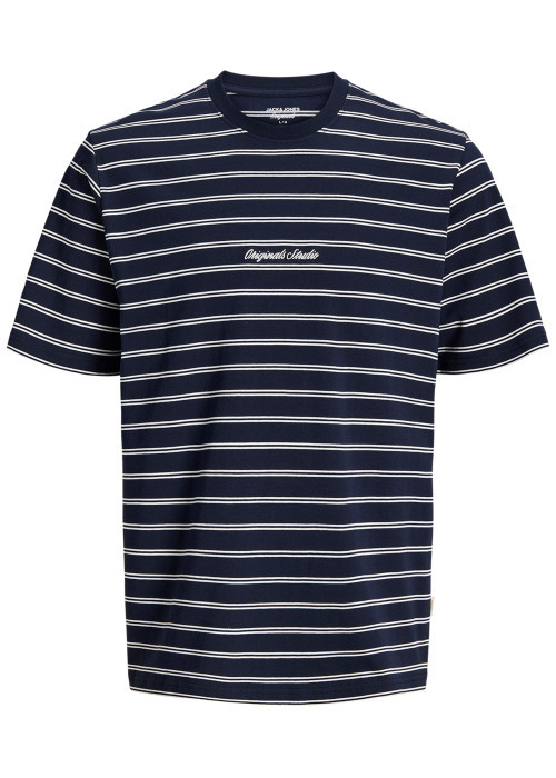 T-shirt en coton biologique marine à rayures pourvu d'une coupe droite