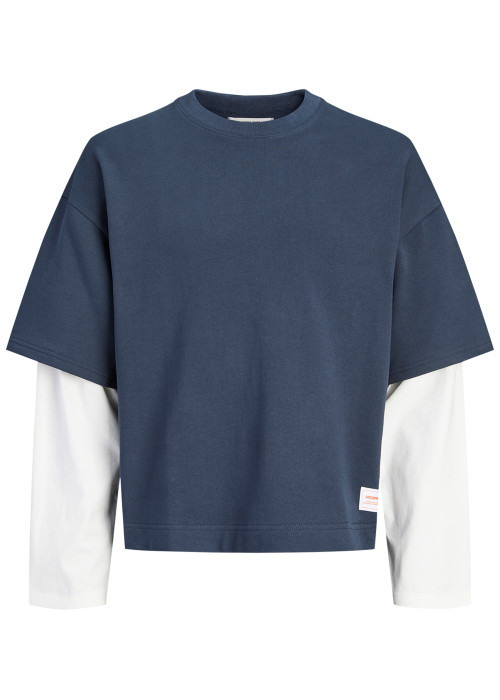 T-shirt en coton bleu et blanc à coupe ajustée pourvu d'un col rond