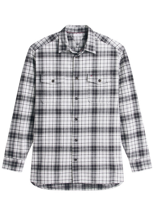 Chemise blanche et grise à rayures en coton biologique avec un col à revers