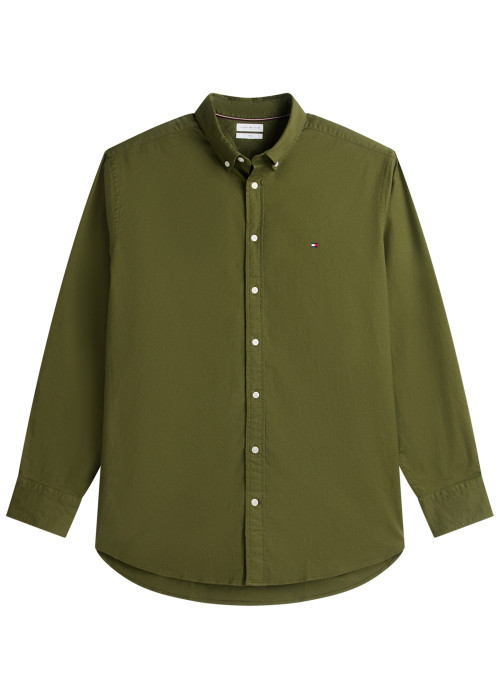 Chemise en coton kaki unie avec une coupe droite et un col boutonné