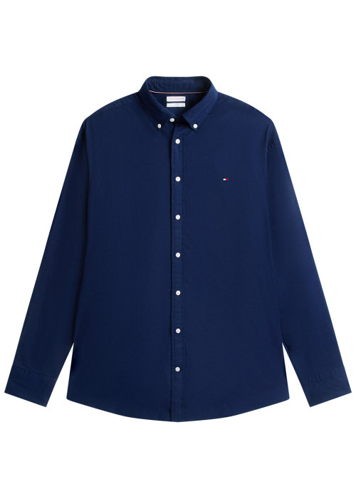 Chemise bleu marine unie en coton avec un col boutonné et des manches longues