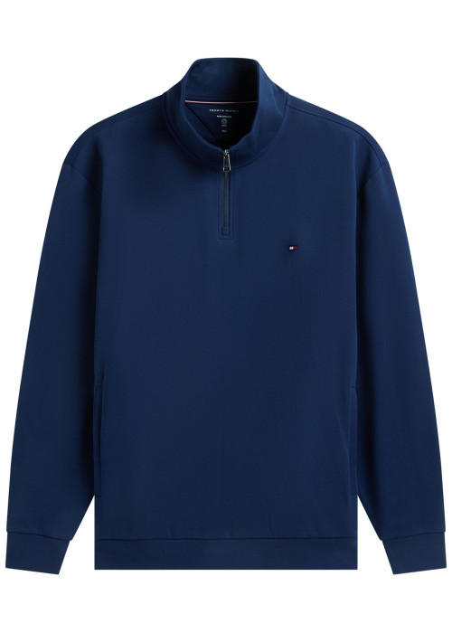 Sweat en coton mélangé bleu uni avec un col camionneur et 1 poche kangourou