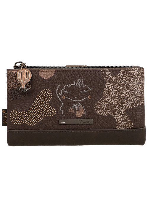 Portefeuille marron en simili-cuir grainé à motifs organiques