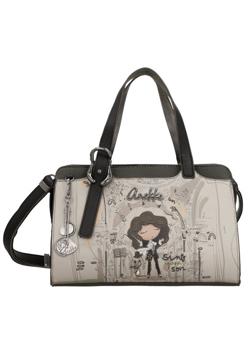Sac à main porté épaule gris et noir à illustrations musicales