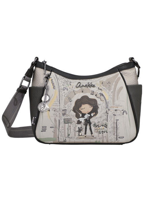 Sac à bandoulière gris et noir à imprimé musicales doté d'un design incurvée
