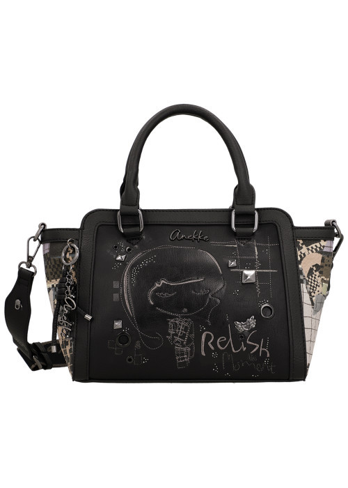 Sac à main noir à surpiqûres graphiques et triple compartiment