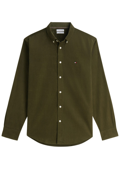 Chemise en coton biologique kaki à coupe droite pourvue d'un col à revers