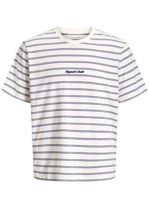 T-shirt en coton biologique blanc à rayures pourvu d'une coupe droite