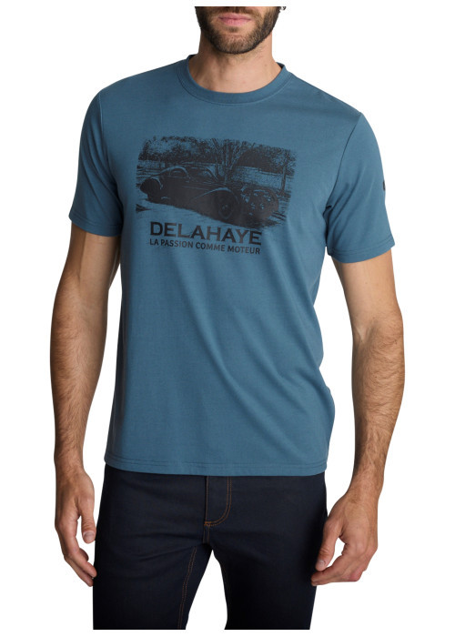 T-shirt à col rond bleu pétrole et sérigraphie automobile rétro