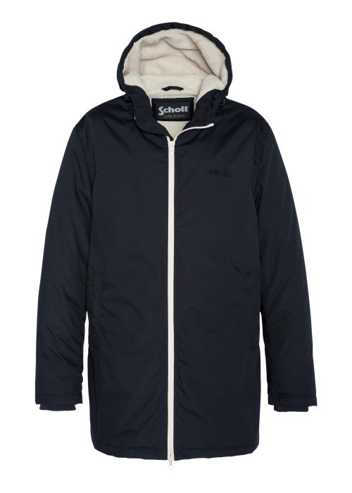 Parka longue marine unie à coupe droite avec un col à capuche et logo brodé