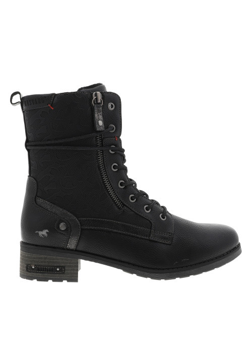 Bottines noires à talon décroché bas munies de lacets et d'un zip latéral