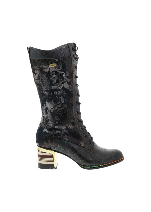 Bottes en cuir bleu marine fleuries à talon...