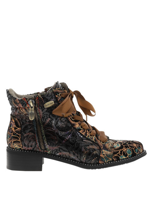 Bottines fleuries multicolores en cuir à talon décroché bas et à lacets