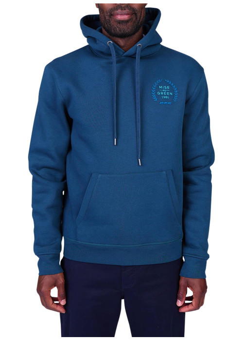 Sweat bleu à coupe droite pourvu d'un col à capuche et de manches longues