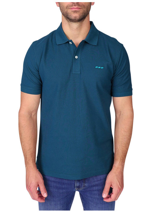 Polo en coton biologique bleu à coupe droite pourvu d'un col boutonné