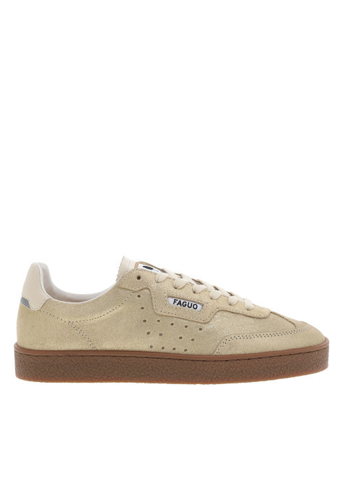 Tennis Lumbo en cuir or brillant à semelle plate et logo embossé