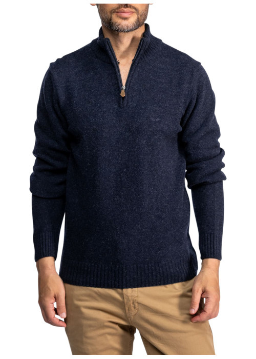 Pull en laine mélangée bleu marine à col...