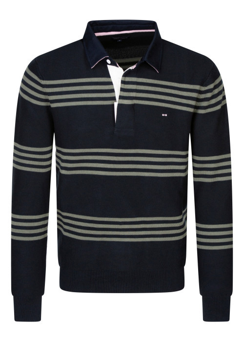 Pull en coton bleu marine avec une coupe droite et un col à revers boutonné