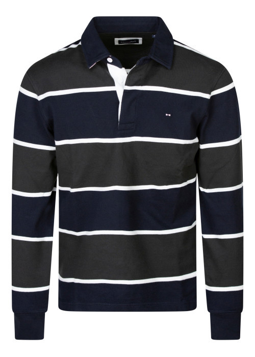 Pull marine en coton à rayures kaki avec une coupe droite et un col polo